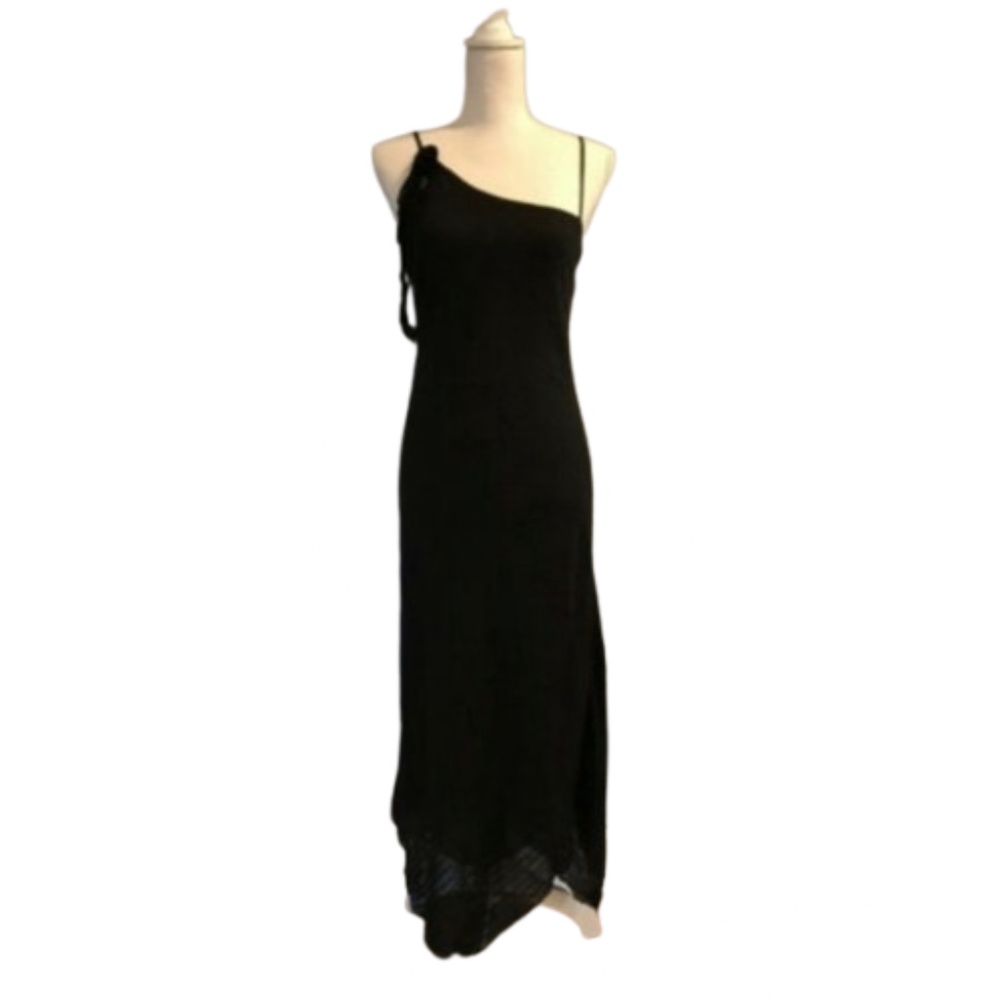 JENNI BUTTON black asymmetrical dress waffle strap